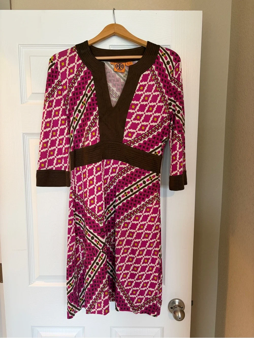 Tory Burch 100% Silk Dress L Y2K Geometric Pink Brown Designer B18